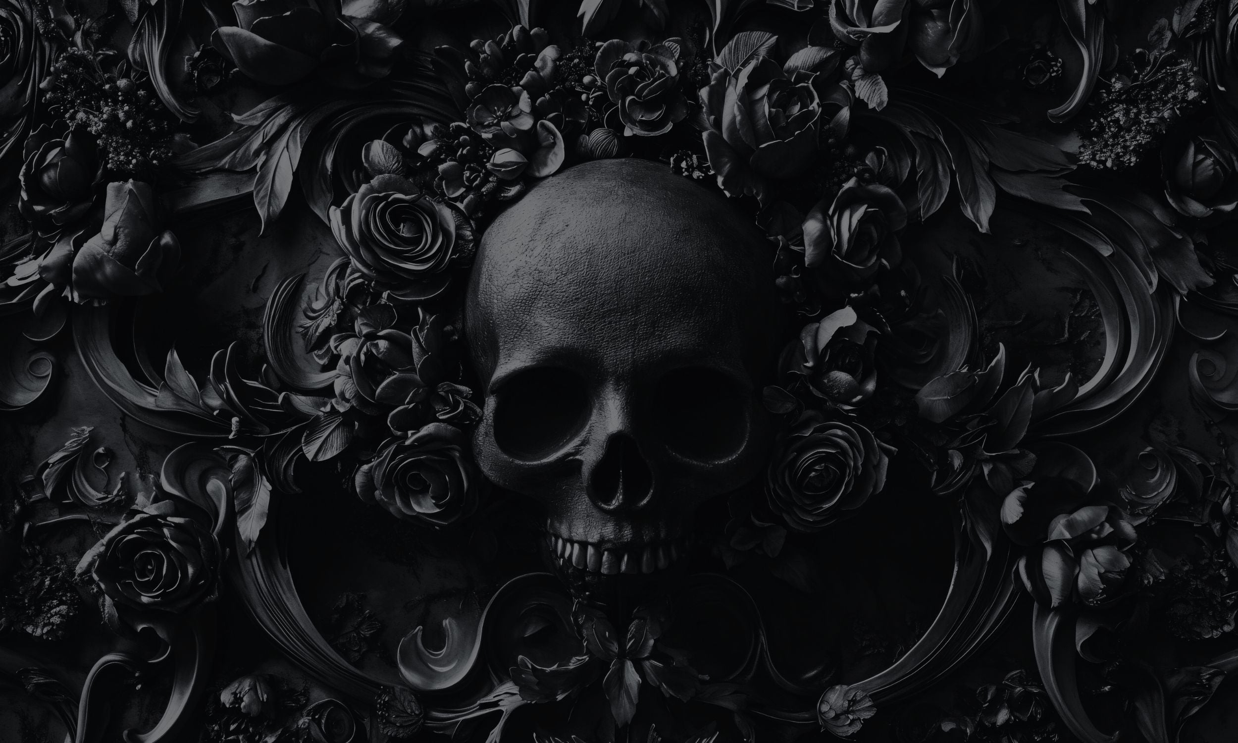 Skull surrounded by dark roses and decorative elements on a black background